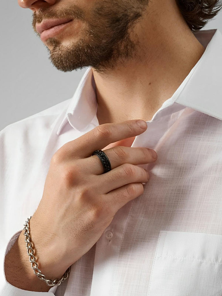 Bague pour homme, à chaîne rotative, en acier inoxydable, anti - stress, style moderne, modèle Kiro - Bague - Noir XXS