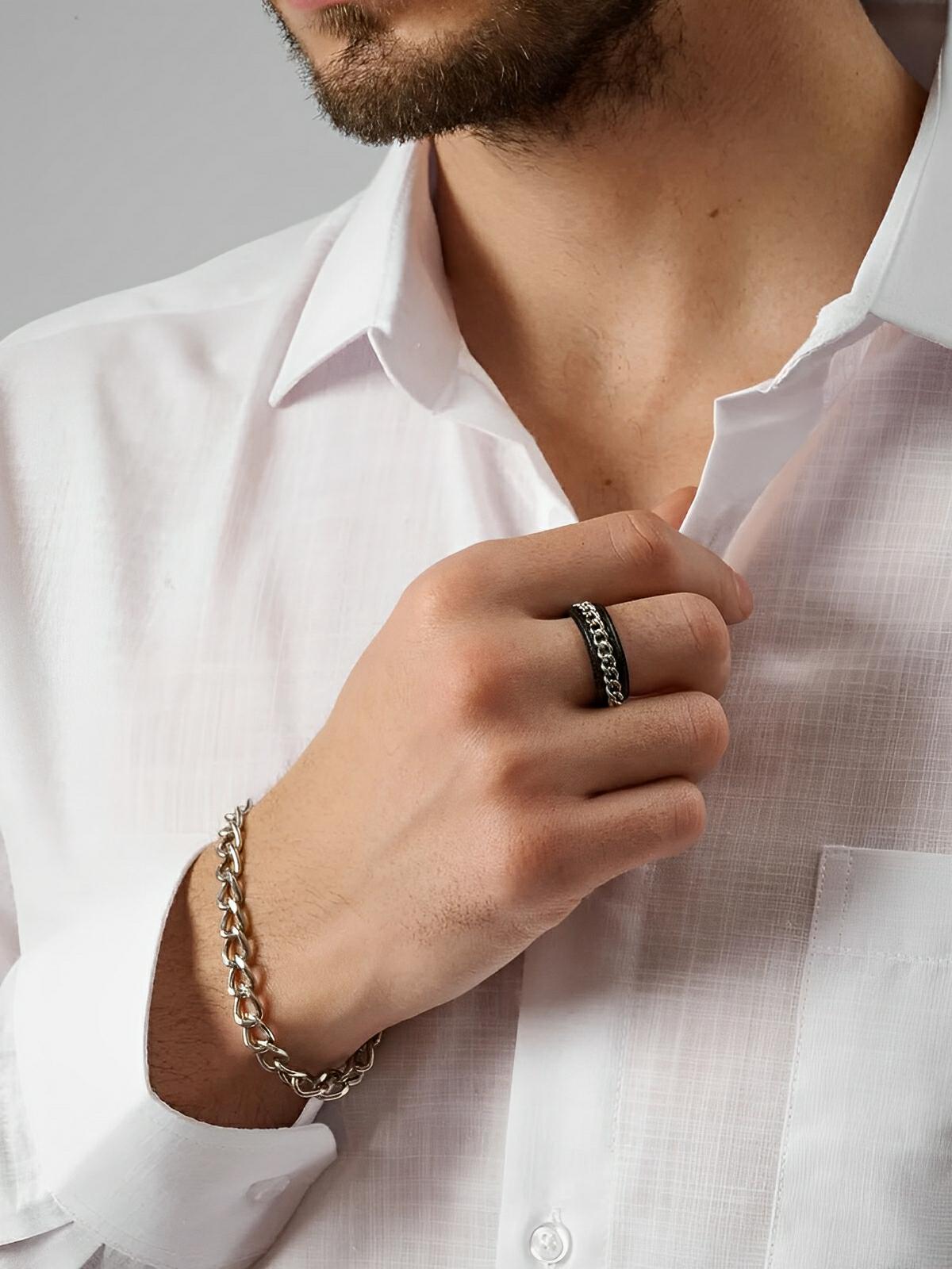 Bague pour homme, à chaîne rotative, en acier inoxydable, anti - stress, style moderne, modèle Kiro - Bague - Noir et argent XXS
