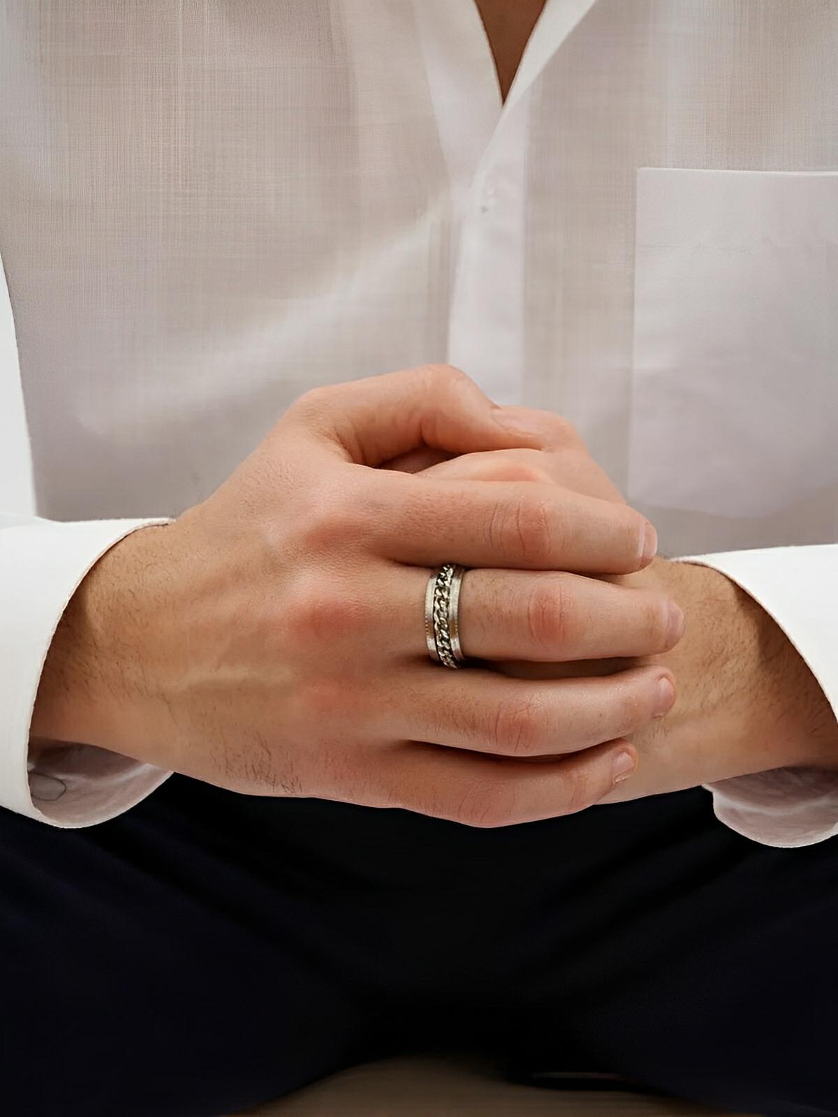 Bague pour homme, à chaîne rotative, en acier inoxydable, anti - stress, style moderne, modèle Kiro - Bague - Argent XXS