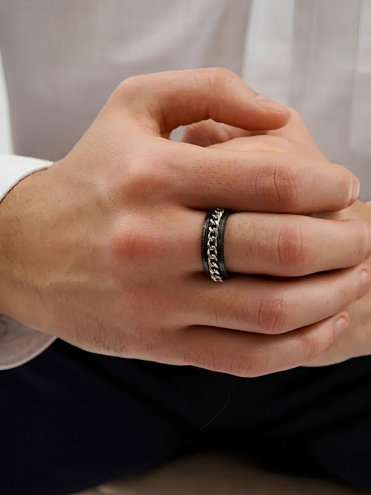 Bague pour homme, à chaîne rotative, en acier inoxydable, anti - stress, style moderne, modèle Kiro - Bague - Noir et argent XXS