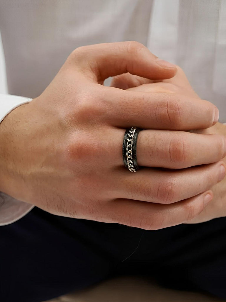 Bague pour homme, à chaîne rotative, en acier inoxydable, anti - stress, style moderne, modèle Kiro - Bague - Noir et argent XXS