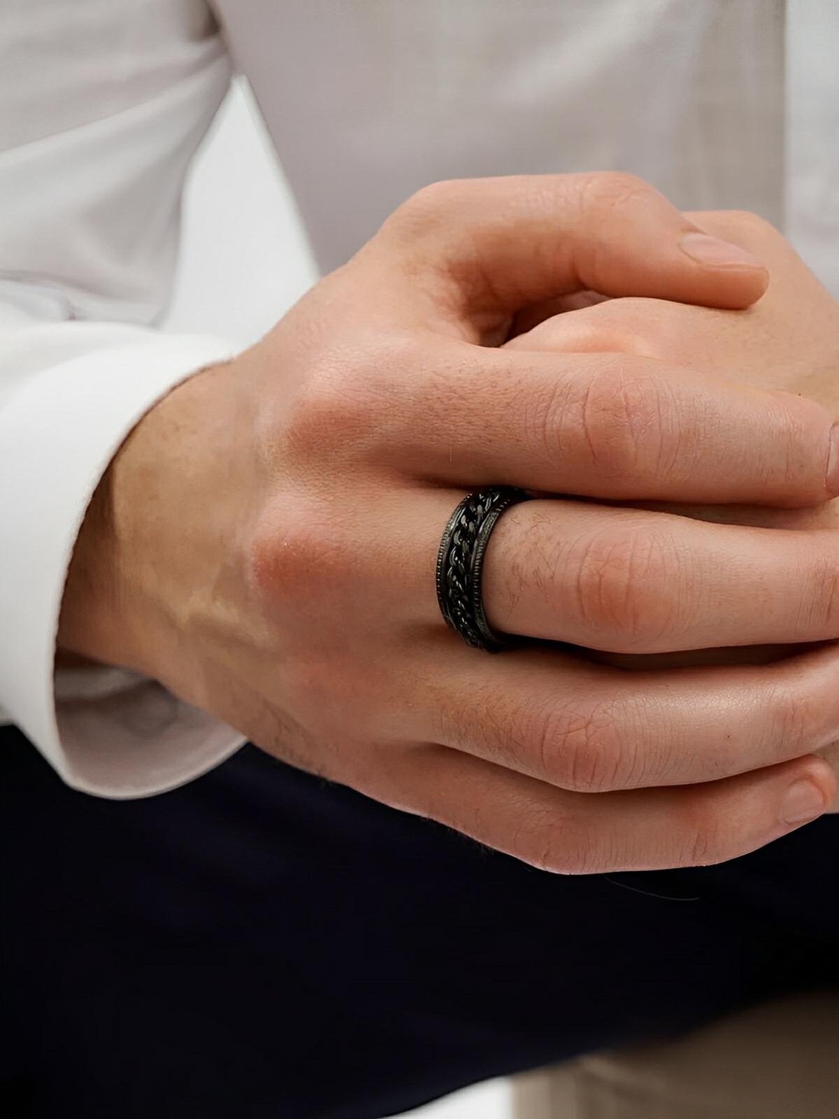 Bague pour homme, à chaîne rotative, en acier inoxydable, anti - stress, style moderne, modèle Kiro - Bague - Noir XXS