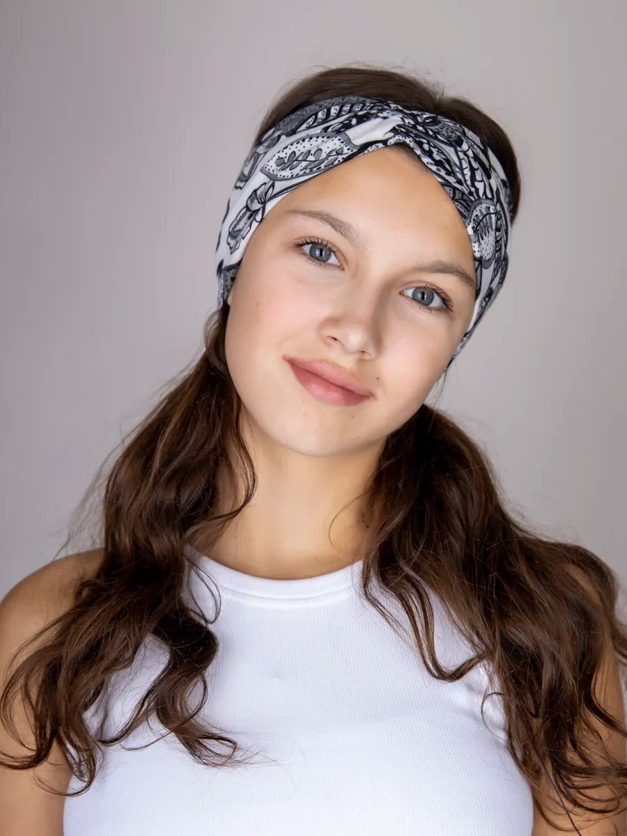 Bandeau cheveux femme, large, extensible, imprimé floral noir et blanc, yoga, sport, maquillage, coiffure, modèle Alola - Bandeau pour cheveux - Noir et blanc
