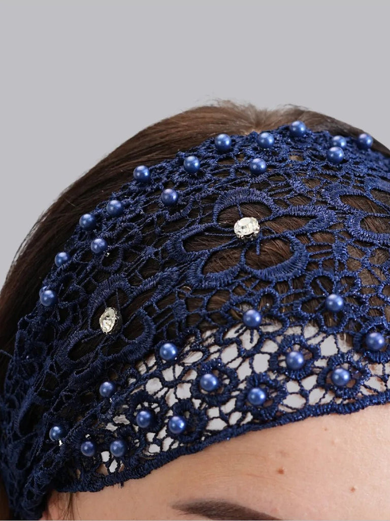 Bandeau dentelle perles, bandeau large élastique femme, serre - tête chic soirée, accessoire cheveux féminin, bandeau mode confortable, modèle Magesta - Bandeau pour cheveux - Bleu