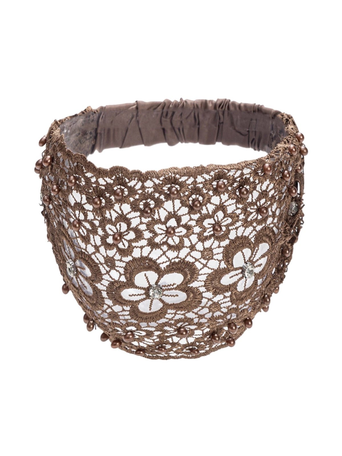 Bandeau dentelle perles, bandeau large élastique femme, serre - tête chic soirée, accessoire cheveux féminin, bandeau mode confortable, modèle Magesta - Bandeau pour cheveux - Marron