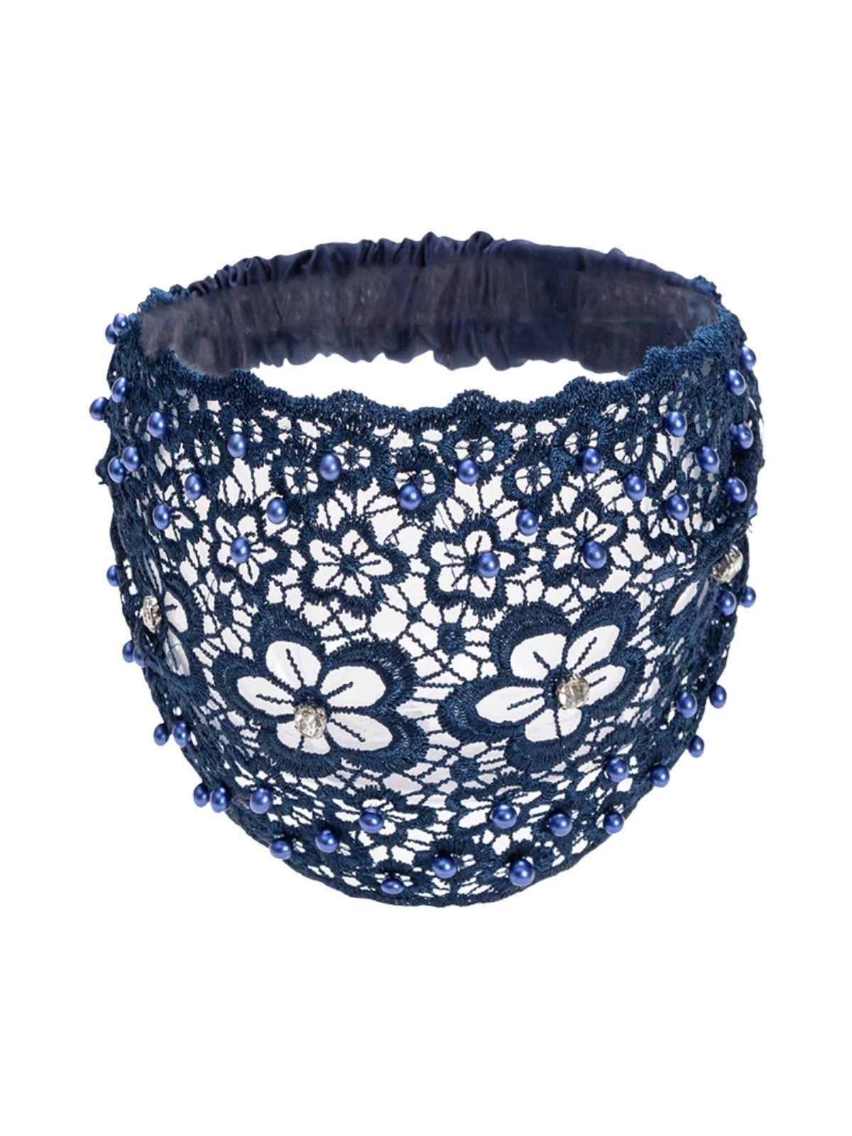 Bandeau dentelle perles, bandeau large élastique femme, serre - tête chic soirée, accessoire cheveux féminin, bandeau mode confortable, modèle Magesta - Bandeau pour cheveux - Bleu