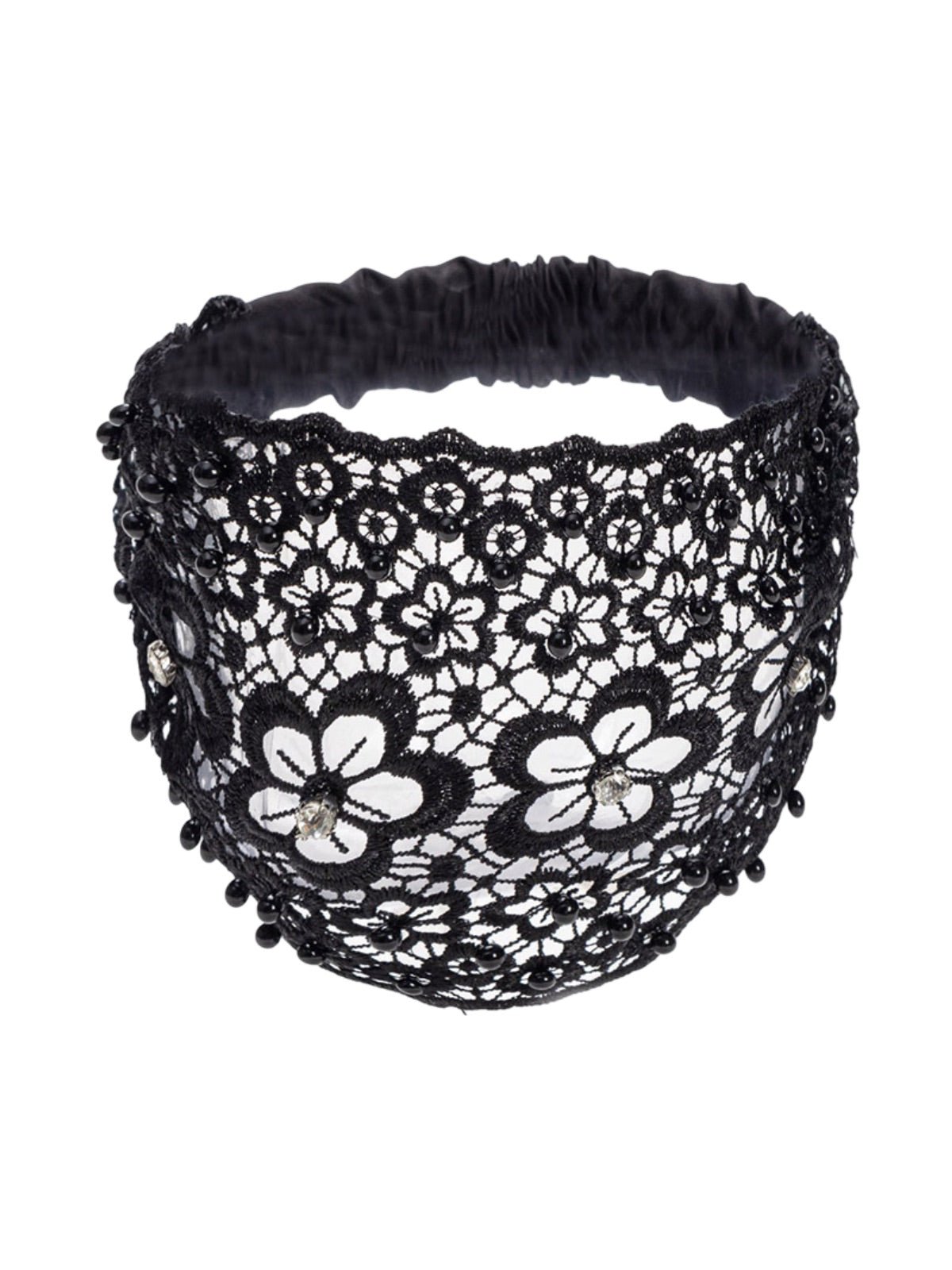 Bandeau dentelle perles, bandeau large élastique femme, serre - tête chic soirée, accessoire cheveux féminin, bandeau mode confortable, modèle Magesta - Bandeau pour cheveux - Noir