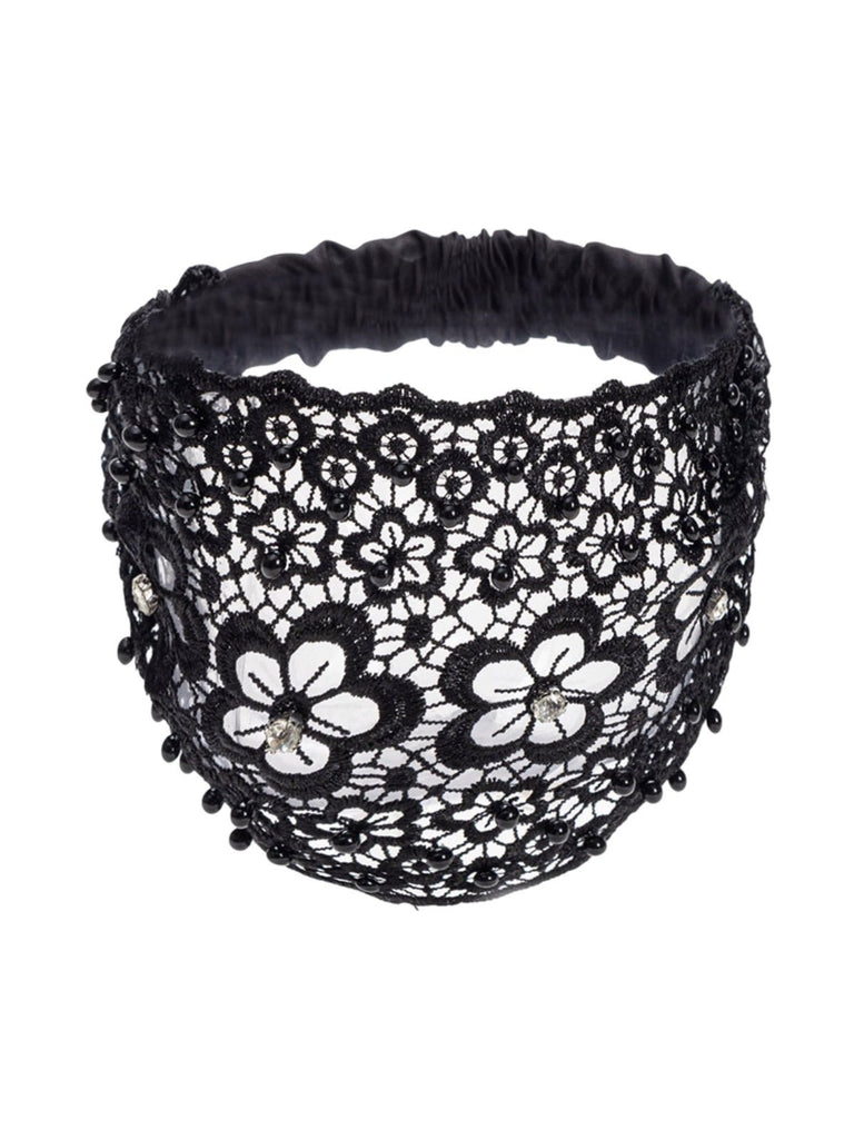 Bandeau dentelle perles, bandeau large élastique femme, serre - tête chic soirée, accessoire cheveux féminin, bandeau mode confortable, modèle Magesta - Bandeau pour cheveux - Noir