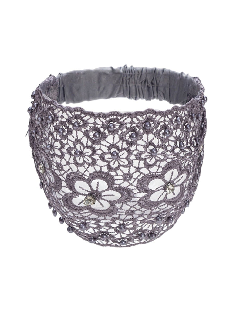 Bandeau dentelle perles, bandeau large élastique femme, serre - tête chic soirée, accessoire cheveux féminin, bandeau mode confortable, modèle Magesta - Bandeau pour cheveux - Gris