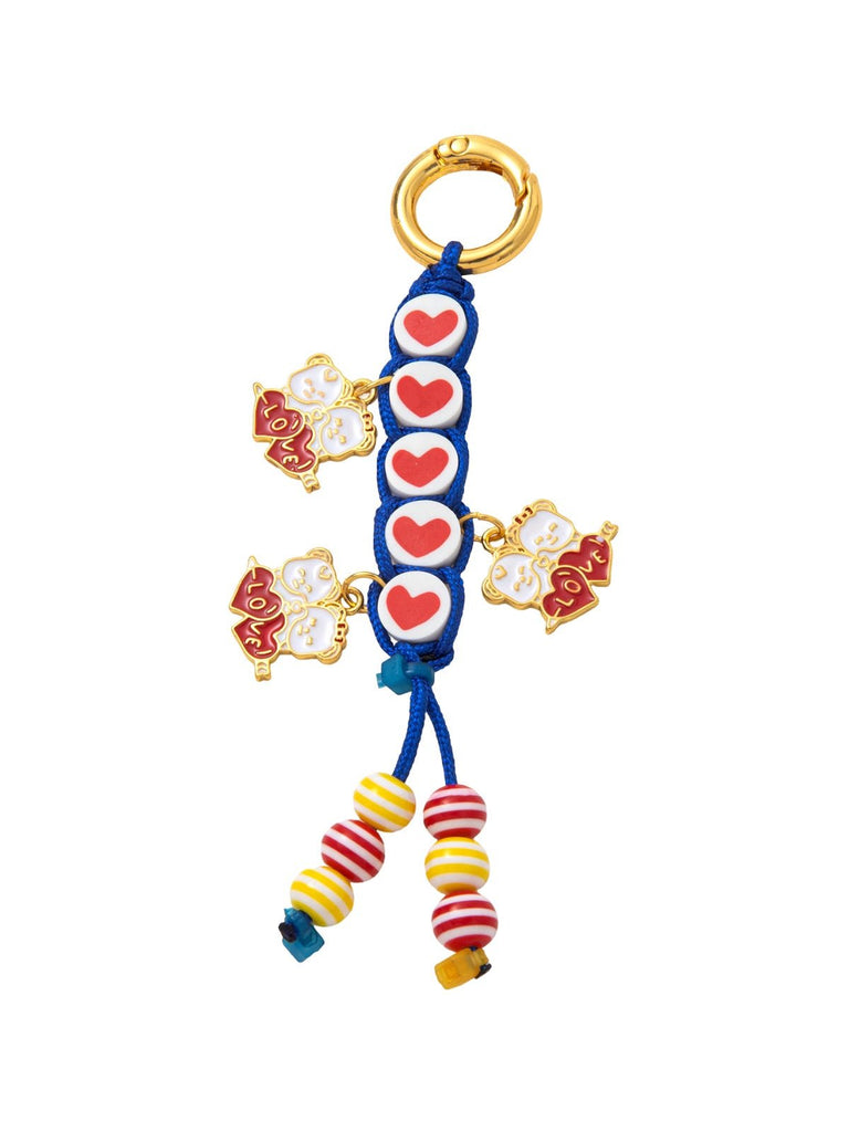 Bijou de sac cœur, breloques colorées, porte - clés fantaisie, perles rayées, cordon tressé, modèle Daria - Bleu