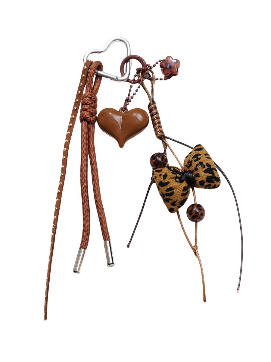 Bijou de sac cœur, nœud léopard, breloques marron, attache mousqueton, accessoire mode, modèle Loca - Marron