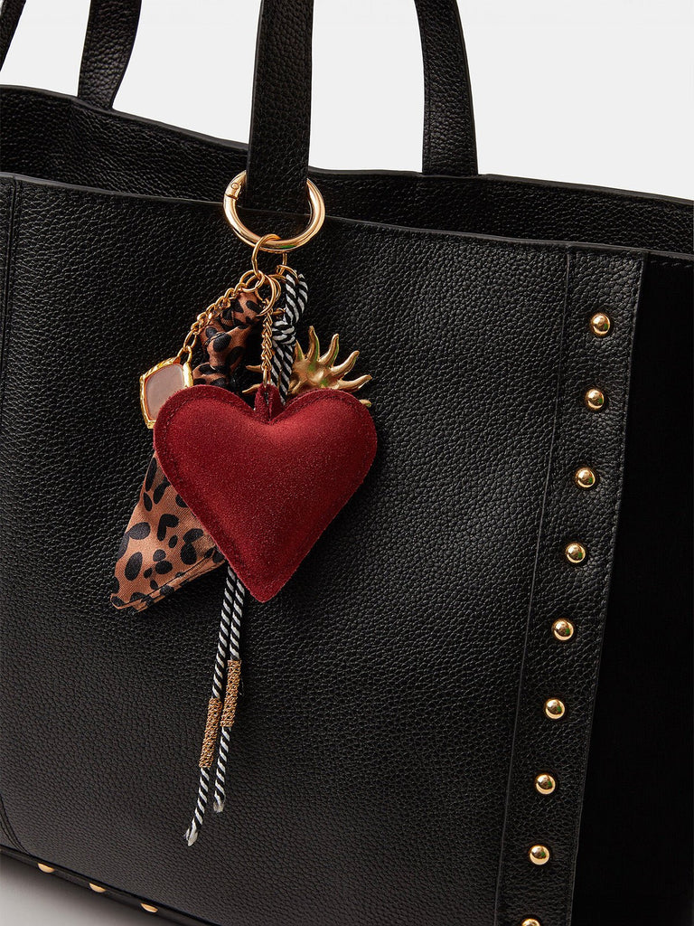 Bijou de sac cœur rouge, porte - clés doré soleil, breloque léopard, pierre rose, pompon tissu, modèle Lovema - charms - Multicolore