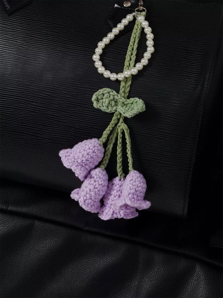 Bijou de sac crochet fleur, porte - clés perle, pendentif sac à main, accessoire sac original, breloque sac fait main, modèle Adola - Bijoux de sac - Violet