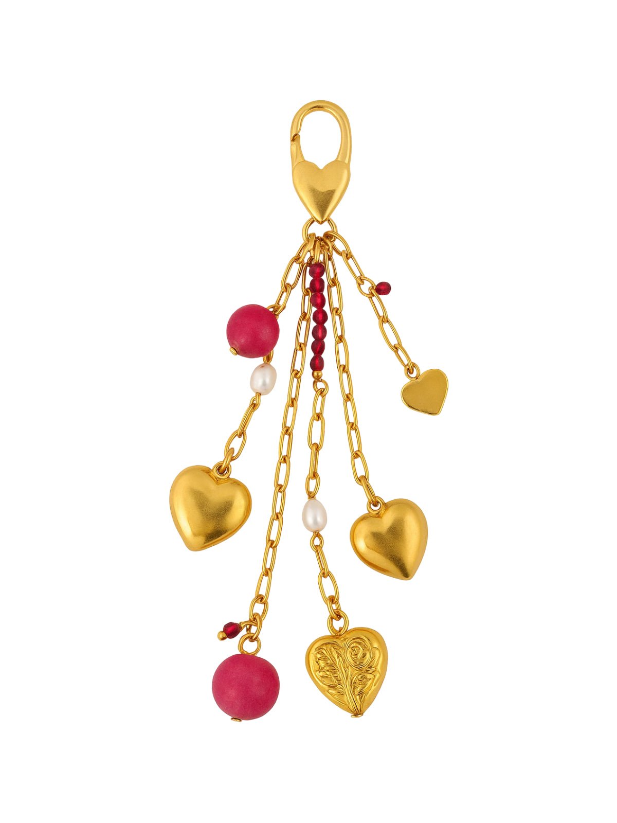 Bijou de sac doré, breloques cœur, perles nacrées, chaîne pendentif, touche romantique, modèle Celvine - charms - Or