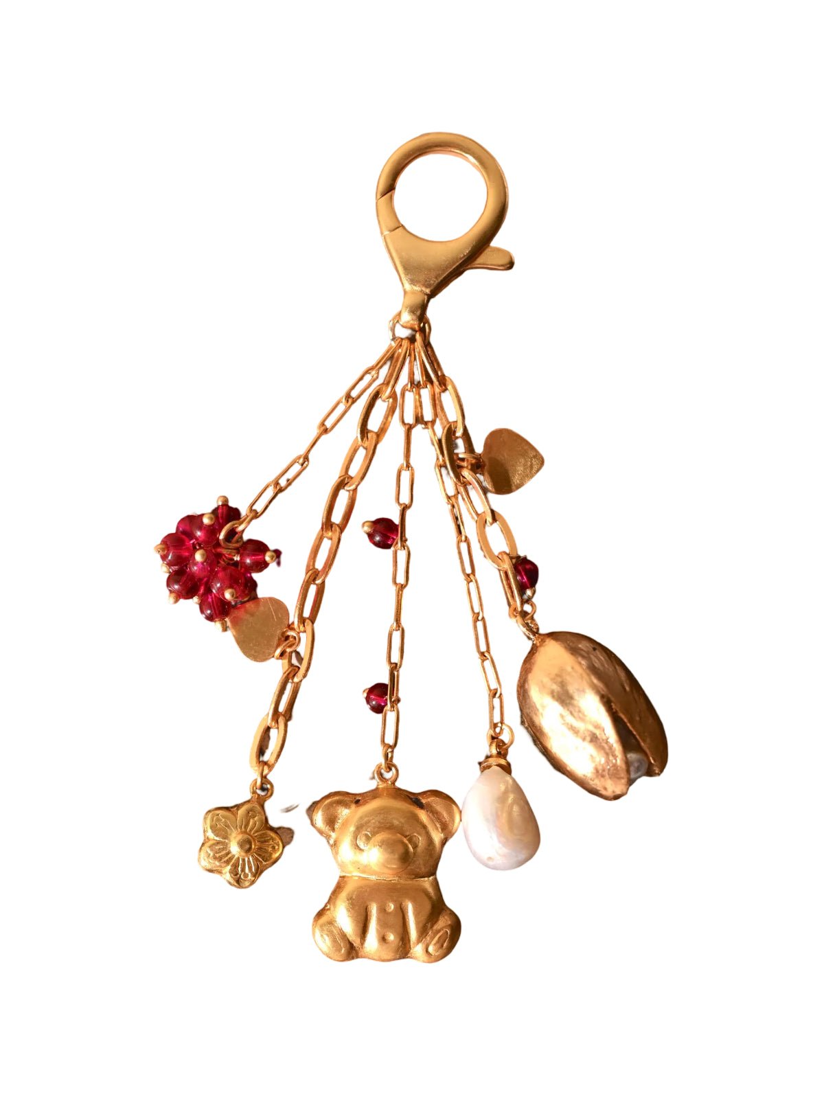 Bijou de sac doré, porte - clés gourmette, breloques cœur, perle, ourson, grappe rose, modèle Yorine - charms - Or