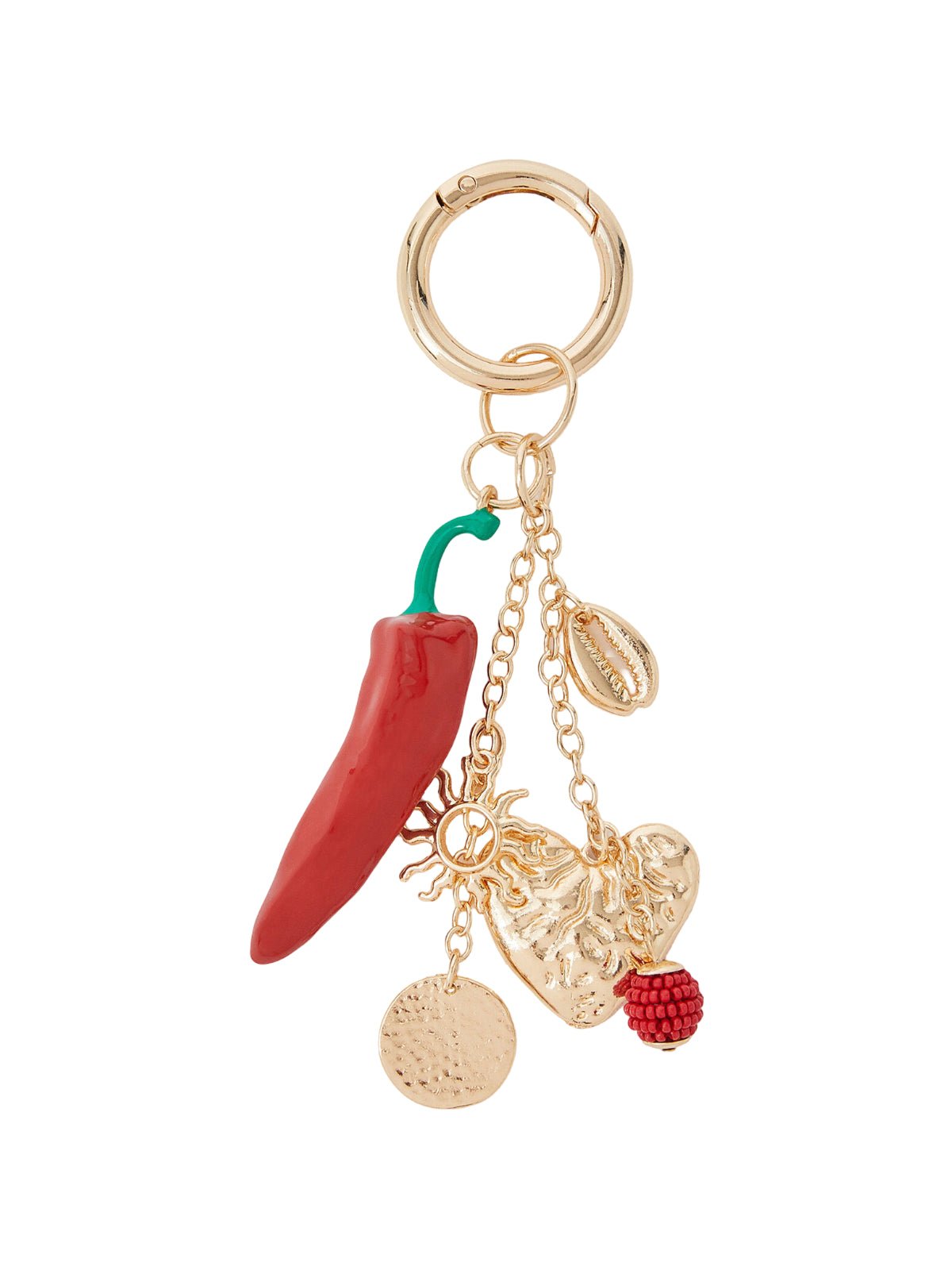 Bijou de sac piment rouge, breloques dorées, perles rouges, porte - clés cœur love, soleil, modèle Neka - charms - Or