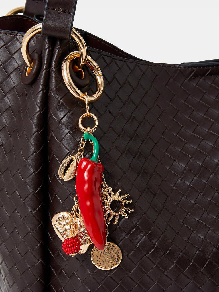 Bijou de sac piment rouge, breloques dorées, perles rouges, porte - clés cœur love, soleil, modèle Neka - charms - Or