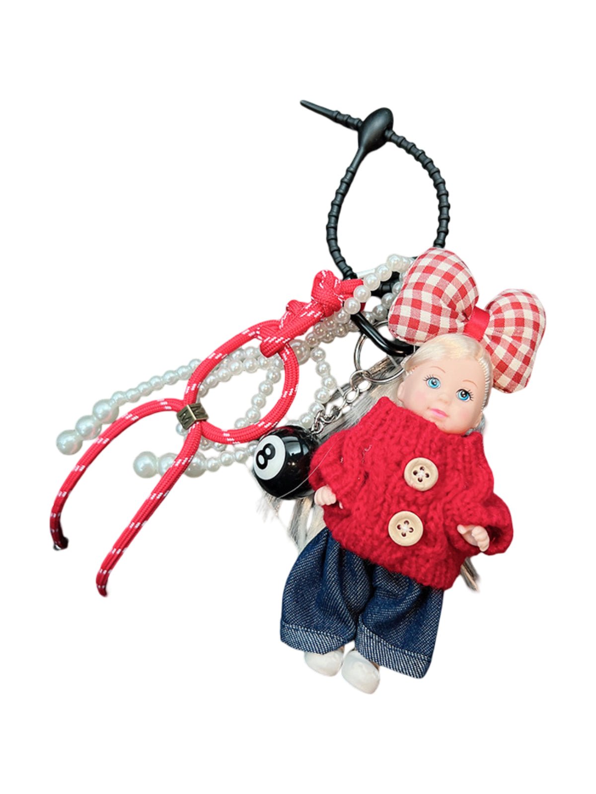 Bijou de sac poupée, porte - clés perles, accessoire fantaisie, ruban léopard, mini peluche, modèle Enastie - Rouge