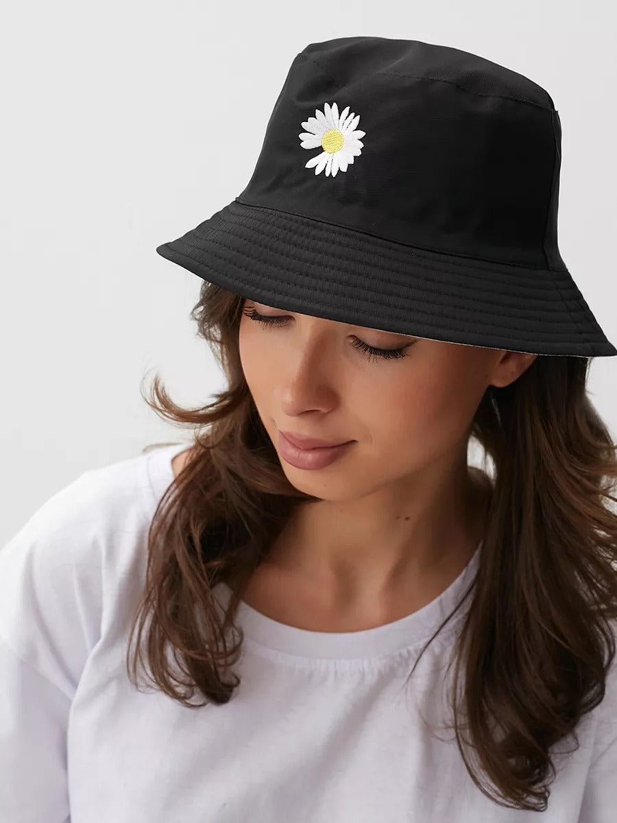 Bob marguerite brodé, chapeau réversible coton, protection solaire UPF 40, style printanier, modèle Marge - Bob - Noir
