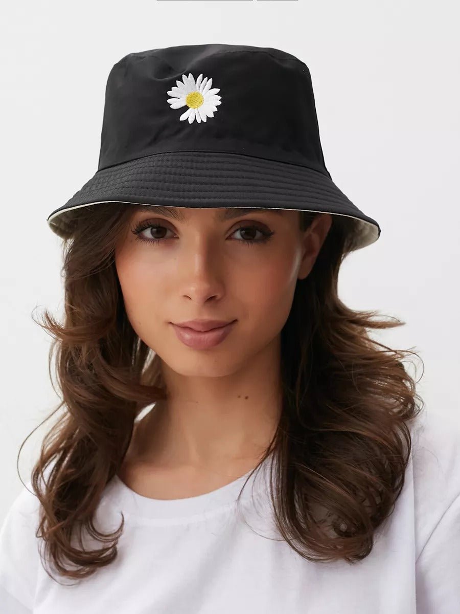 Bob marguerite brodé, chapeau réversible coton, protection solaire UPF 40, style printanier, modèle Marge - Bob - Noir