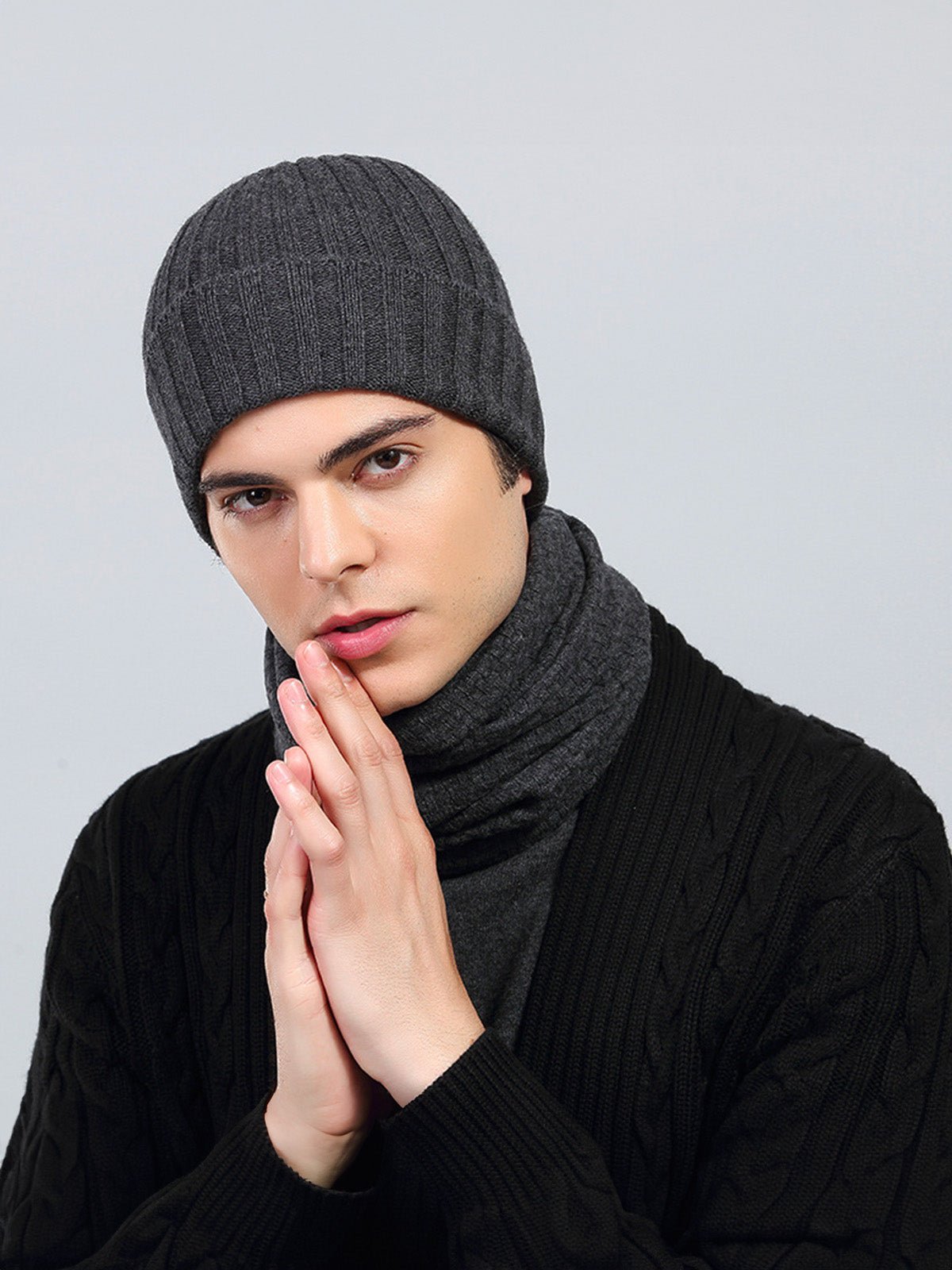 Bonnet chaud hiver, maille côtelée épaisse, bonnet noir ou gris, bonnet extensible automne hiver, bonnet tricoté classique, modèle Valo - Bonnets - Gris