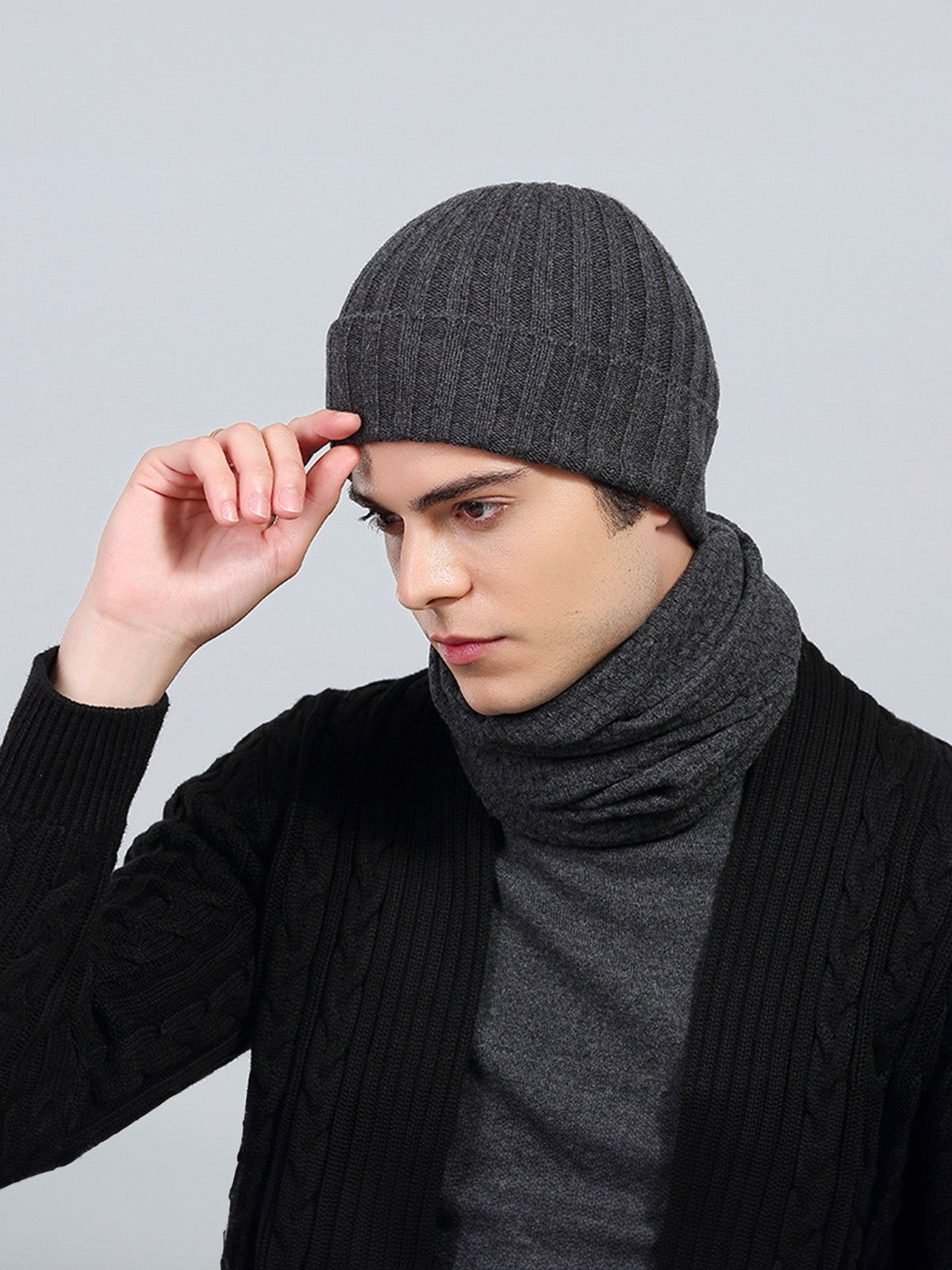Bonnet chaud hiver, maille côtelée épaisse, bonnet noir ou gris, bonnet extensible automne hiver, bonnet tricoté classique, modèle Valo - Bonnets - Gris