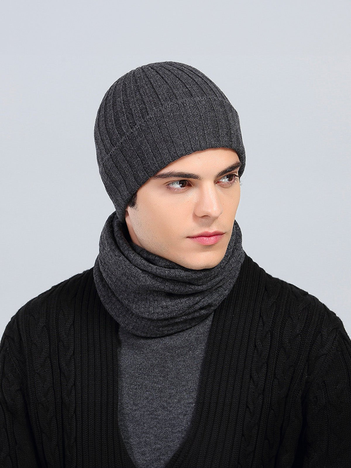 Bonnet chaud hiver, maille côtelée épaisse, bonnet noir ou gris, bonnet extensible automne hiver, bonnet tricoté classique, modèle Valo - Bonnets - Gris