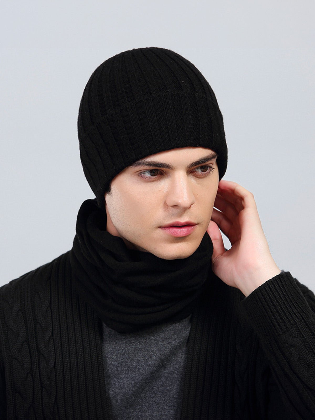 Bonnet chaud hiver, maille côtelée épaisse, bonnet noir ou gris, bonnet extensible automne hiver, bonnet tricoté classique, modèle Valo - Bonnets - Noir