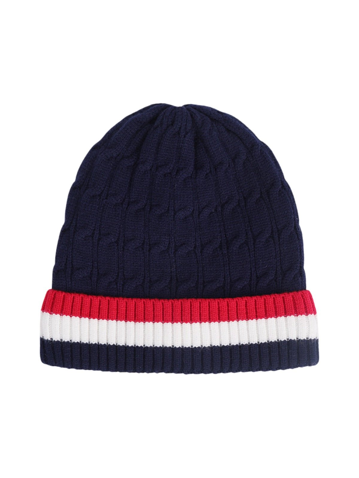 Bonnet chaud tricolore, maille torsadée, doublure douce polaire, bonnet hiver homme femme, bonnet épais confortable, modèle Maé - Bonnets - Bleu marine