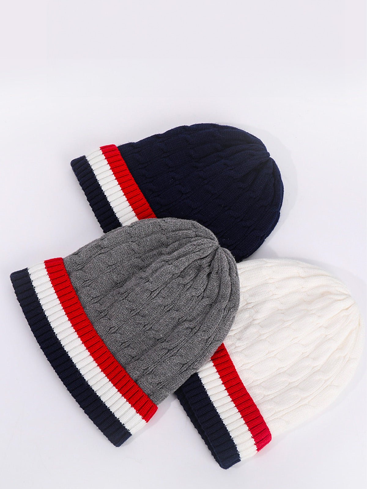 Bonnet chaud tricolore, maille torsadée, doublure douce polaire, bonnet hiver homme femme, bonnet épais confortable, modèle Maé - Bonnets - Bleu marine