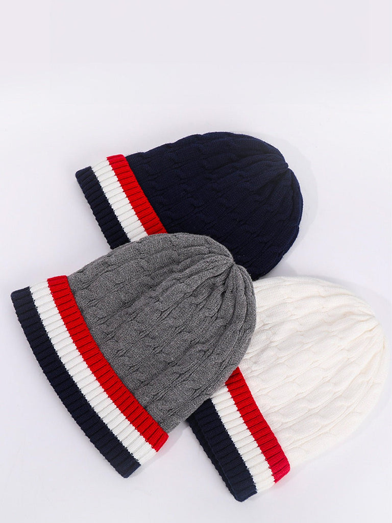 Bonnet chaud tricolore, maille torsadée, doublure douce polaire, bonnet hiver homme femme, bonnet épais confortable, modèle Maé - Bonnets - Bleu marine