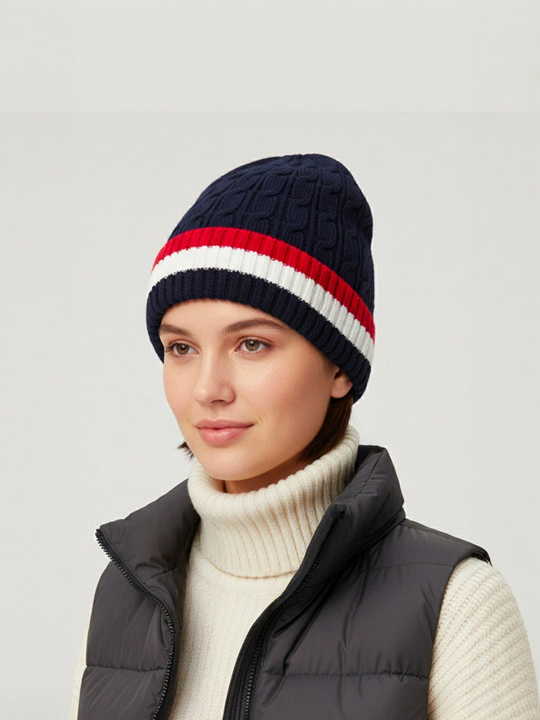 Bonnet chaud tricolore, maille torsadée, doublure douce polaire, bonnet hiver homme femme, bonnet épais confortable, modèle Maé - Bonnets - Bleu marine