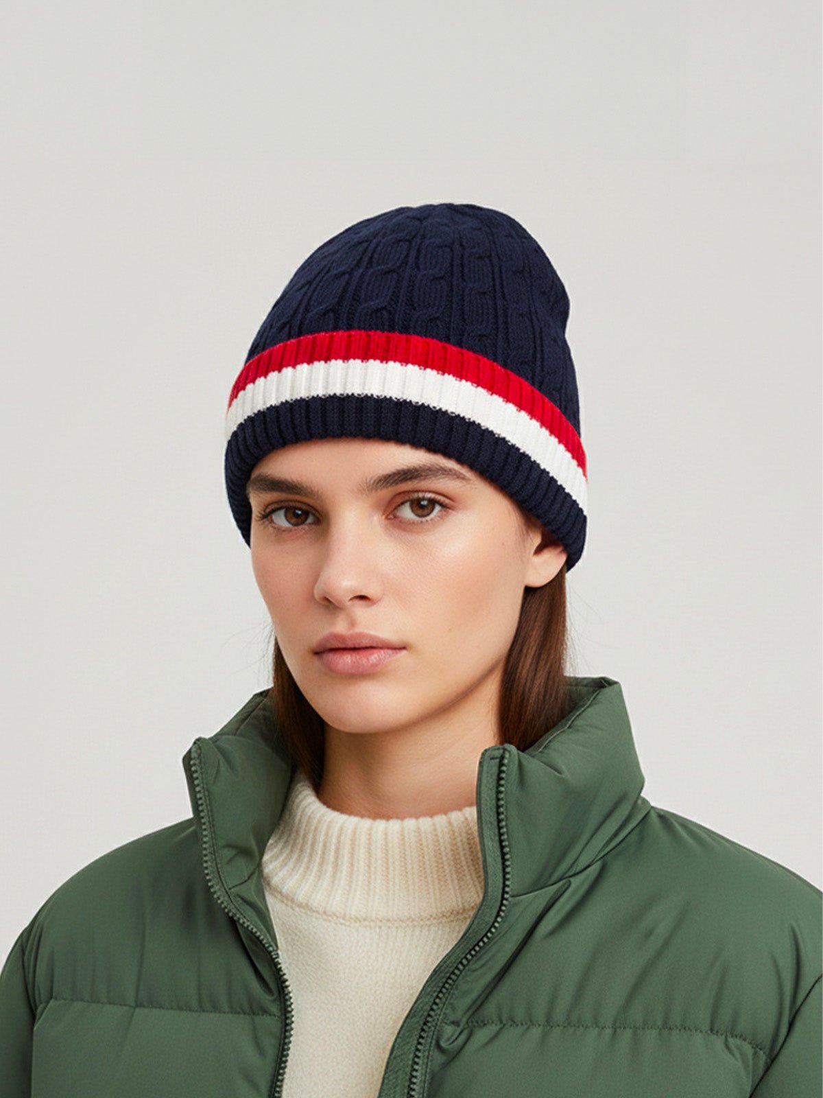 Bonnet chaud tricolore, maille torsadée, doublure douce polaire, bonnet hiver homme femme, bonnet épais confortable, modèle Maé - Bonnets - Bleu marine