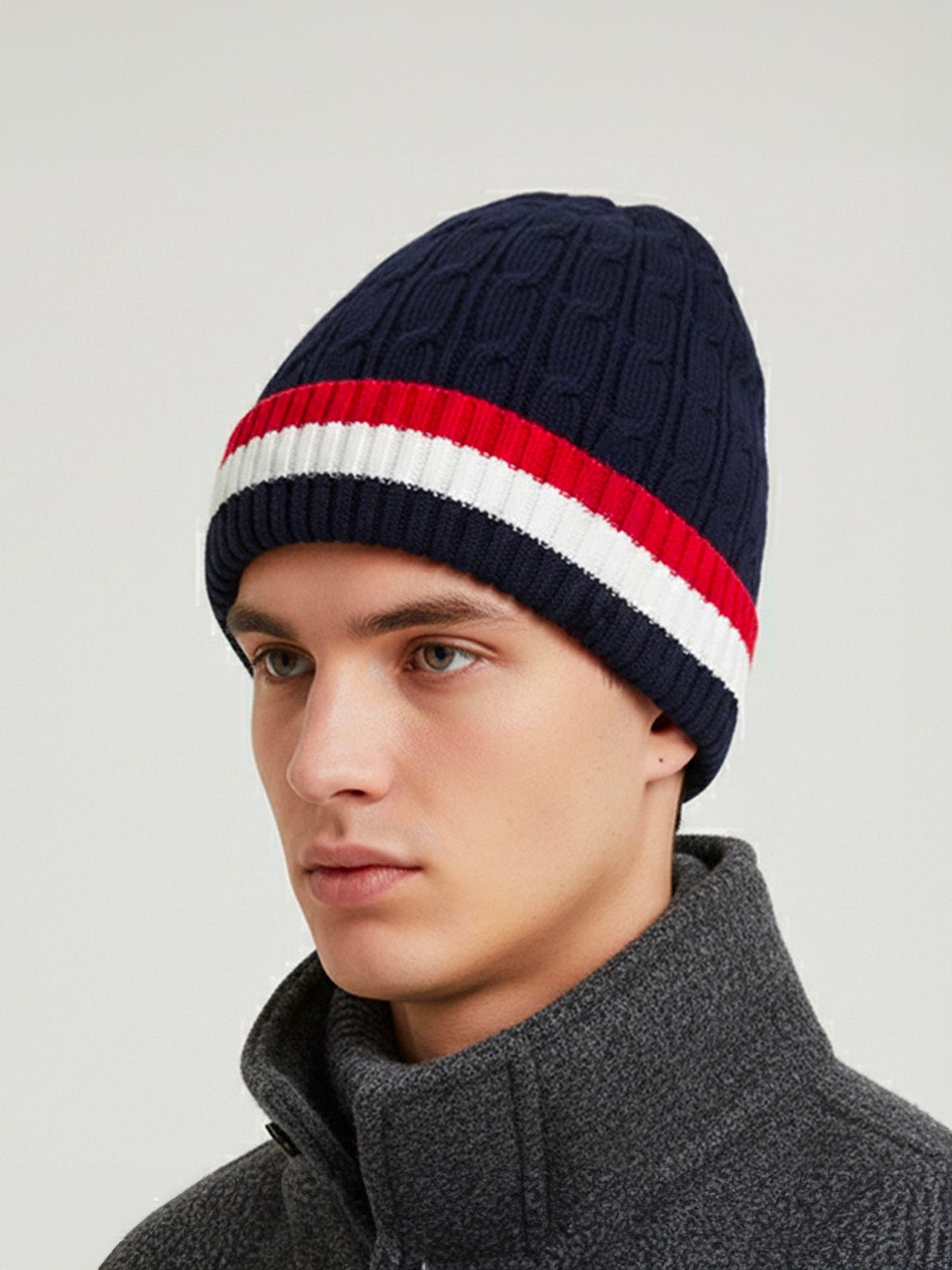 Bonnet chaud tricolore, maille torsadée, doublure douce polaire, bonnet hiver homme femme, bonnet épais confortable, modèle Maé - Bonnets - Bleu marine