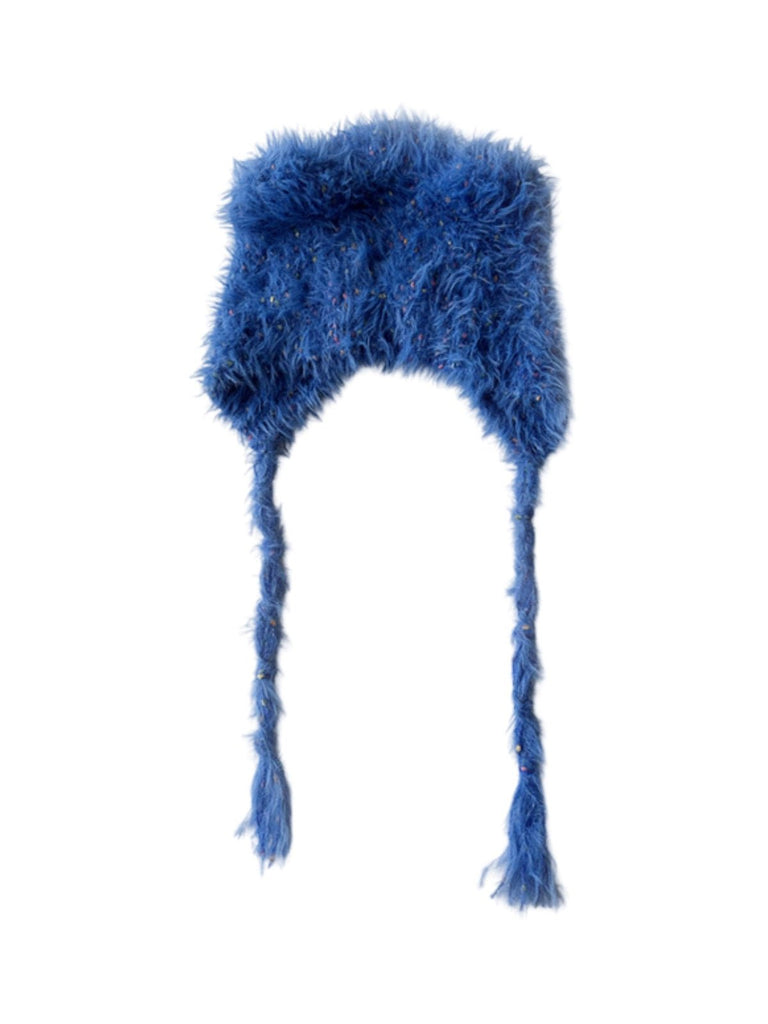 Bonnet d'hiver chaud, accessoire ourson en maille, style doux à pompons, couvre - oreilles fantaisie, bonnet à liens tressés, toucher duveteux, modèle Kogra - Bonnets - Bleu