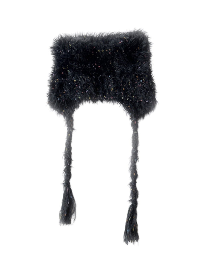 Bonnet d'hiver chaud, accessoire ourson en maille, style doux à pompons, couvre - oreilles fantaisie, bonnet à liens tressés, toucher duveteux, modèle Kogra - Bonnets - Noir