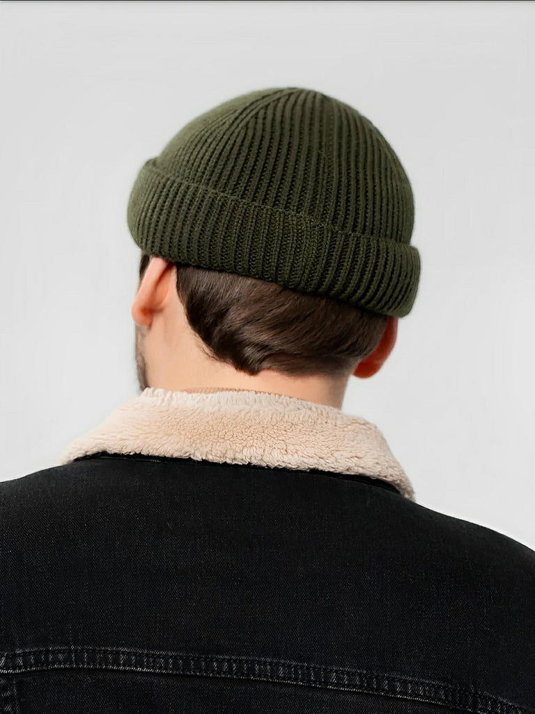 Bonnet docker côtelé, court unisexe, chaud pour l'hiver, bonnet à revers, maille fine, modèle Jino - Bonnets - Kaki