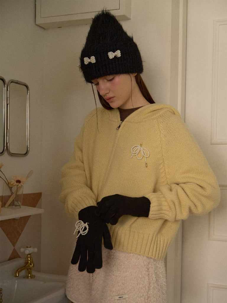 Bonnet doux en tricot, perles fantaisie, effet duveteux, style streetwear, hiver chaud, coupe arrondie, sans visière, accessoire mode fille, modèle Fenzie - Bonnets - Noir