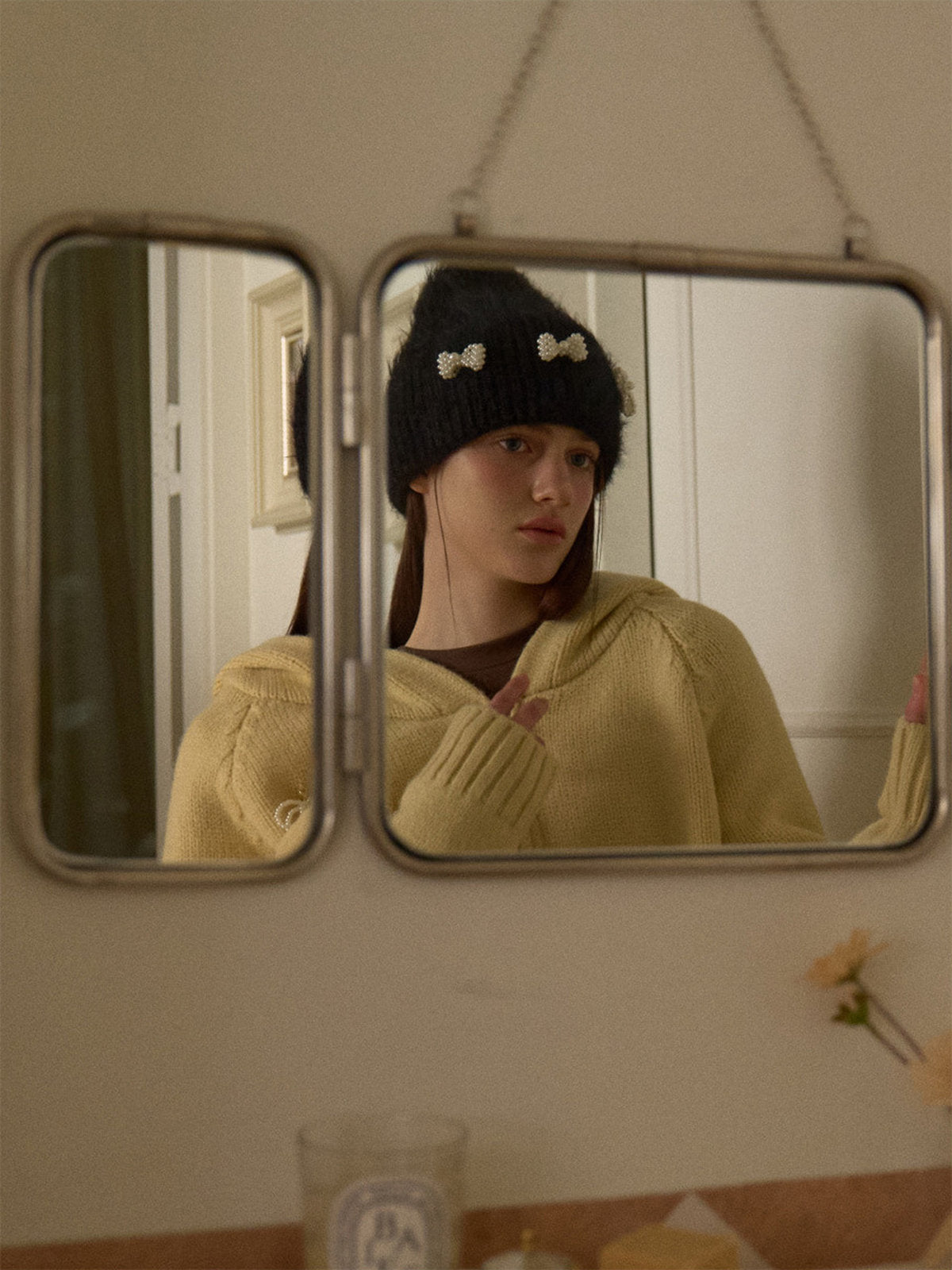 Bonnet doux en tricot, perles fantaisie, effet duveteux, style streetwear, hiver chaud, coupe arrondie, sans visière, accessoire mode fille, modèle Fenzie - Bonnets - Noir