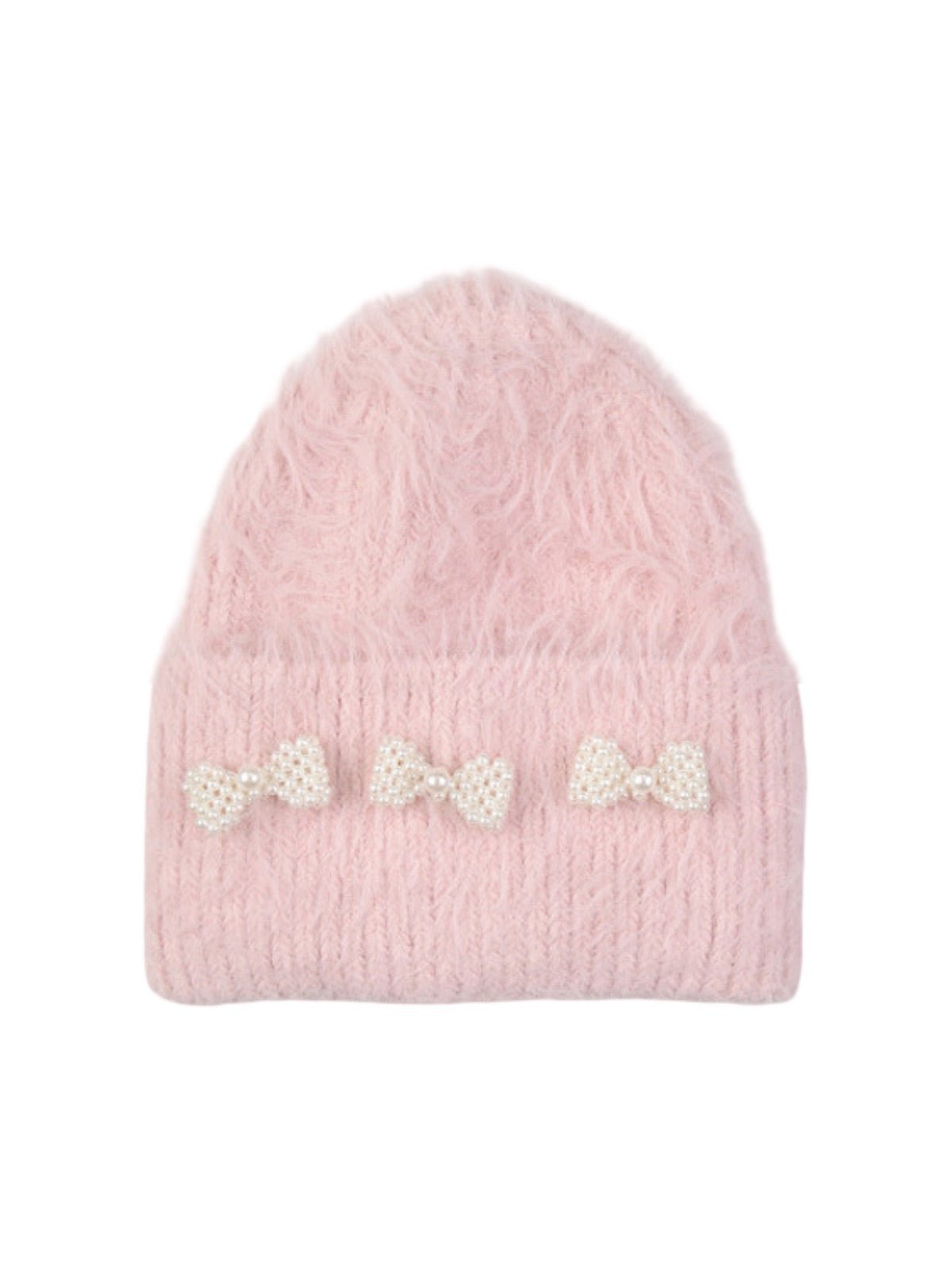 Bonnet doux en tricot, perles fantaisie, effet duveteux, style streetwear, hiver chaud, coupe arrondie, sans visière, accessoire mode fille, modèle Fenzie - Bonnets - Rose