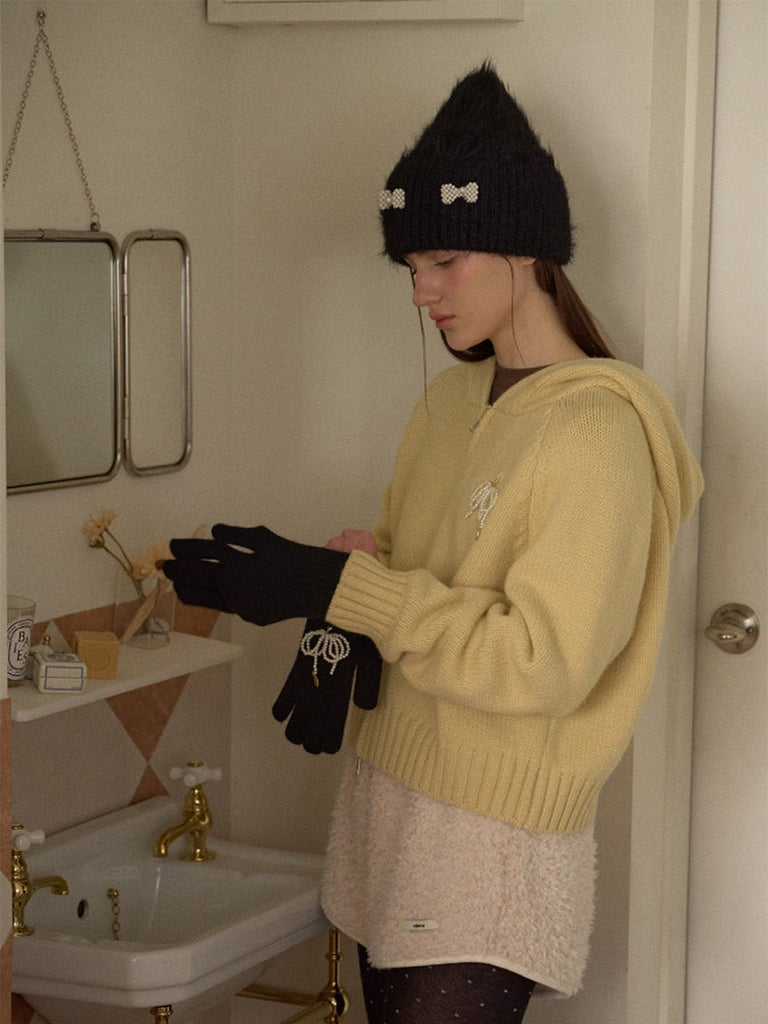 Bonnet doux en tricot, perles fantaisie, effet duveteux, style streetwear, hiver chaud, coupe arrondie, sans visière, accessoire mode fille, modèle Fenzie - Bonnets - Noir