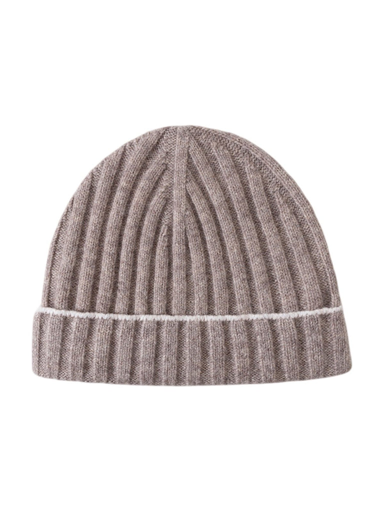 Bonnet en laine chaude, maille côtelée unisexe, revers extensible et confortable, touche de couleur contrastée, douceur naturelle pour l’hiver, modèle Kinsy - Bonnets - Beige
