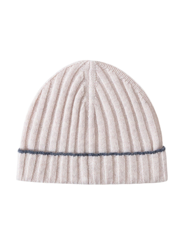 Bonnet en laine chaude, maille côtelée unisexe, revers extensible et confortable, touche de couleur contrastée, douceur naturelle pour l’hiver, modèle Kinsy - Bonnets - Blanc cassé