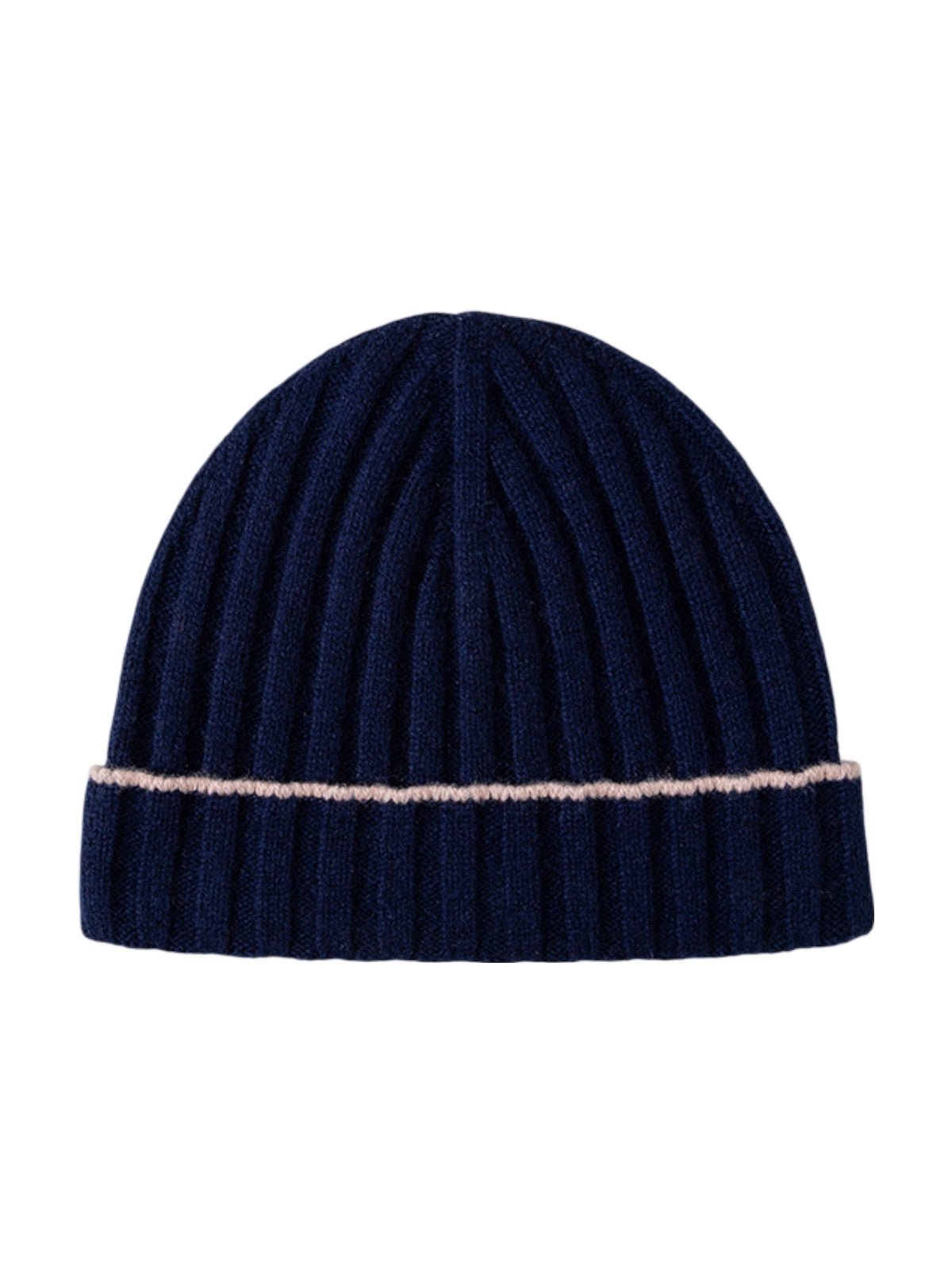 Bonnet en laine chaude, maille côtelée unisexe, revers extensible et confortable, touche de couleur contrastée, douceur naturelle pour l’hiver, modèle Kinsy - Bonnets - Bleu marine