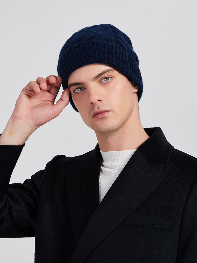 Bonnet en laine mérinos mixte, tricot torsadé chaud, maille hiver, doux et extensible, bonnet streetwear, modèle Caméro - Bonnets - Bleu marine