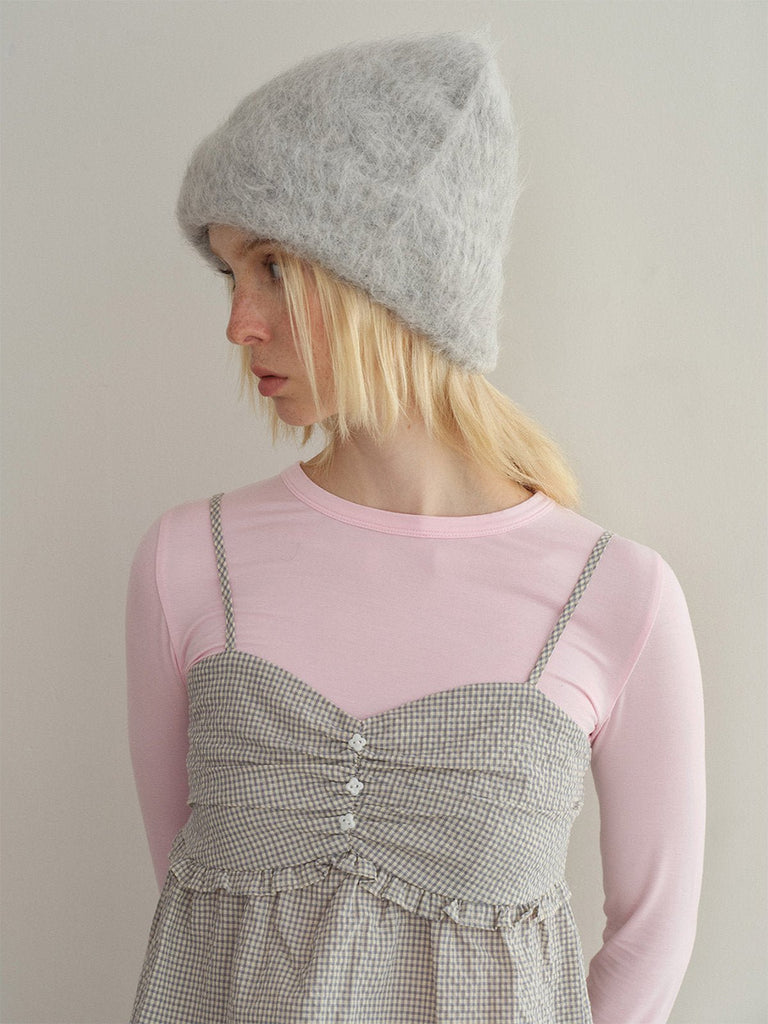 Bonnet en laine mohair d'alpaga duveteux, toucher doux et chaud, look épuré et moderne, couleur unie ou contrastée, parfait pour l’hiver, modèle Skia - Bonnets - Gris