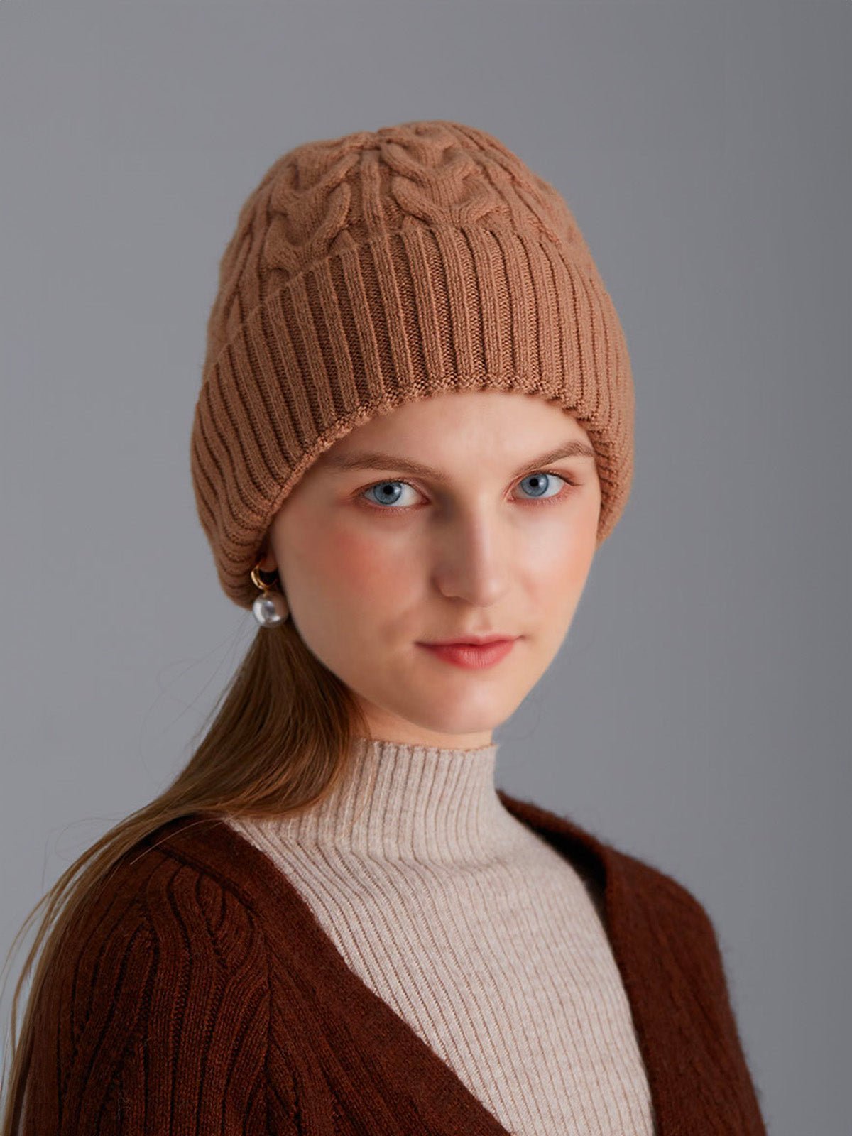 Bonnet en laine torsadé, hiver chaud, mixte, tricot extensible, bonnet doux 100% laine, modèle Beanie - Bonnets - Camel