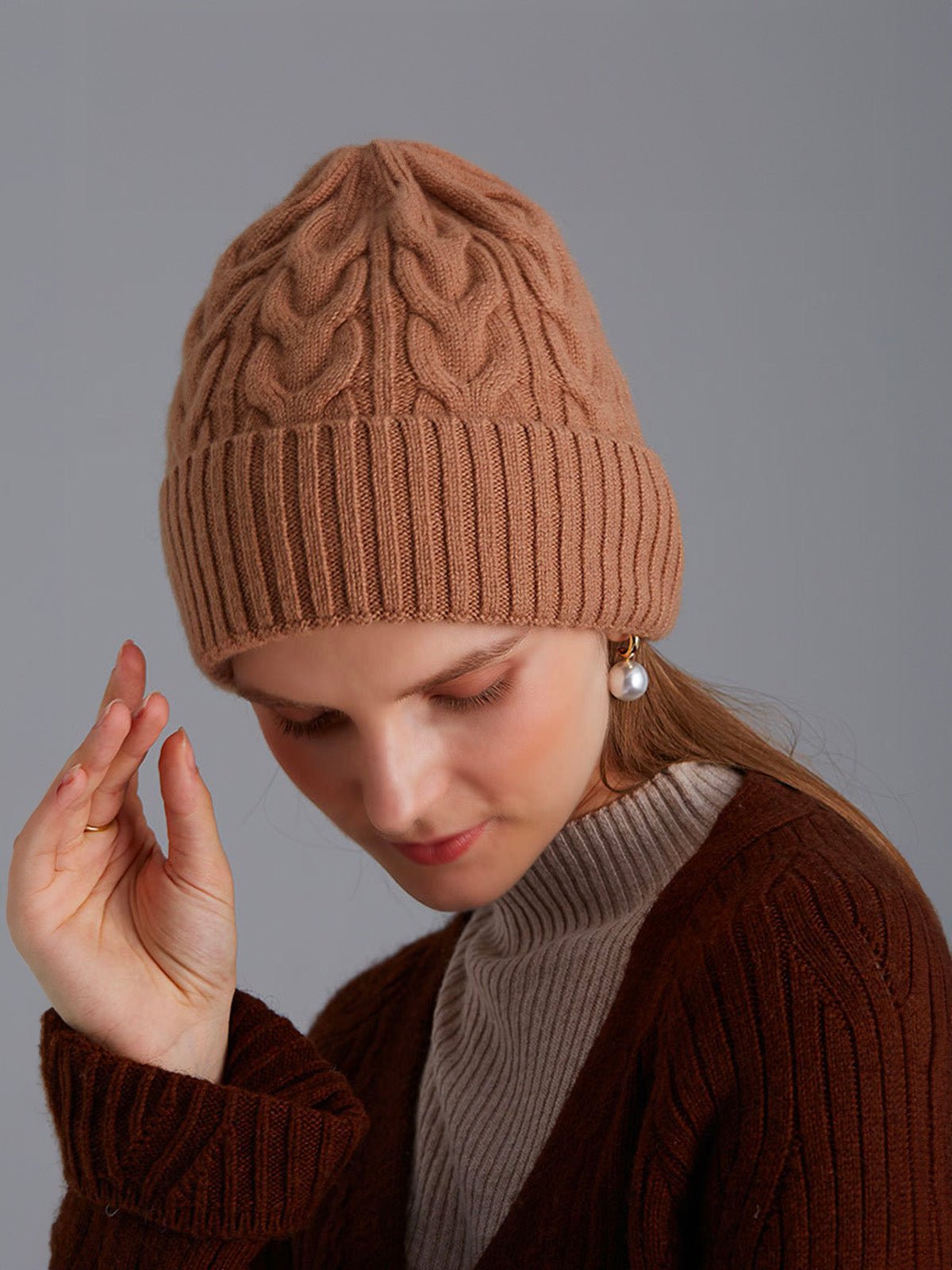Bonnet en laine torsadé, hiver chaud, mixte, tricot extensible, bonnet doux 100% laine, modèle Beanie - Bonnets - Camel