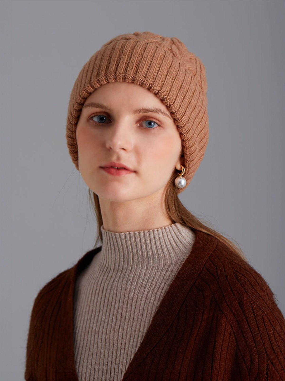 Bonnet en laine torsadé, hiver chaud, mixte, tricot extensible, bonnet doux 100% laine, modèle Beanie - Bonnets - Camel