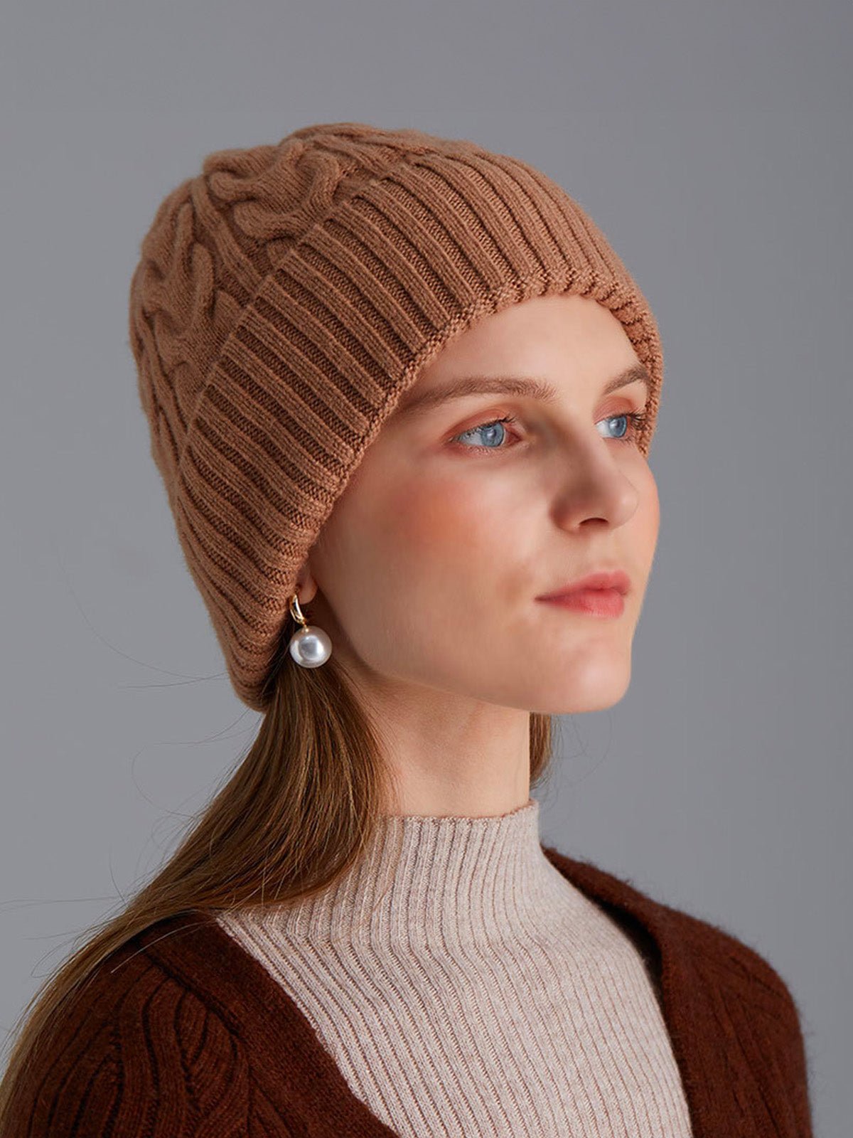 Bonnet en laine torsadé, hiver chaud, mixte, tricot extensible, bonnet doux 100% laine, modèle Beanie - Bonnets - Camel